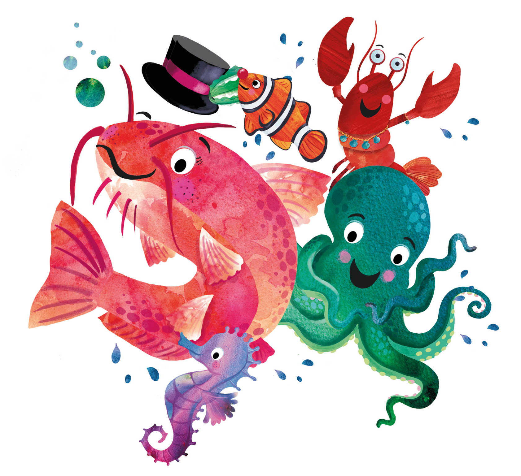 an illustration shows a clown fish, a coy carpe fish, an octopus, a sea horse and a lobster all smiling