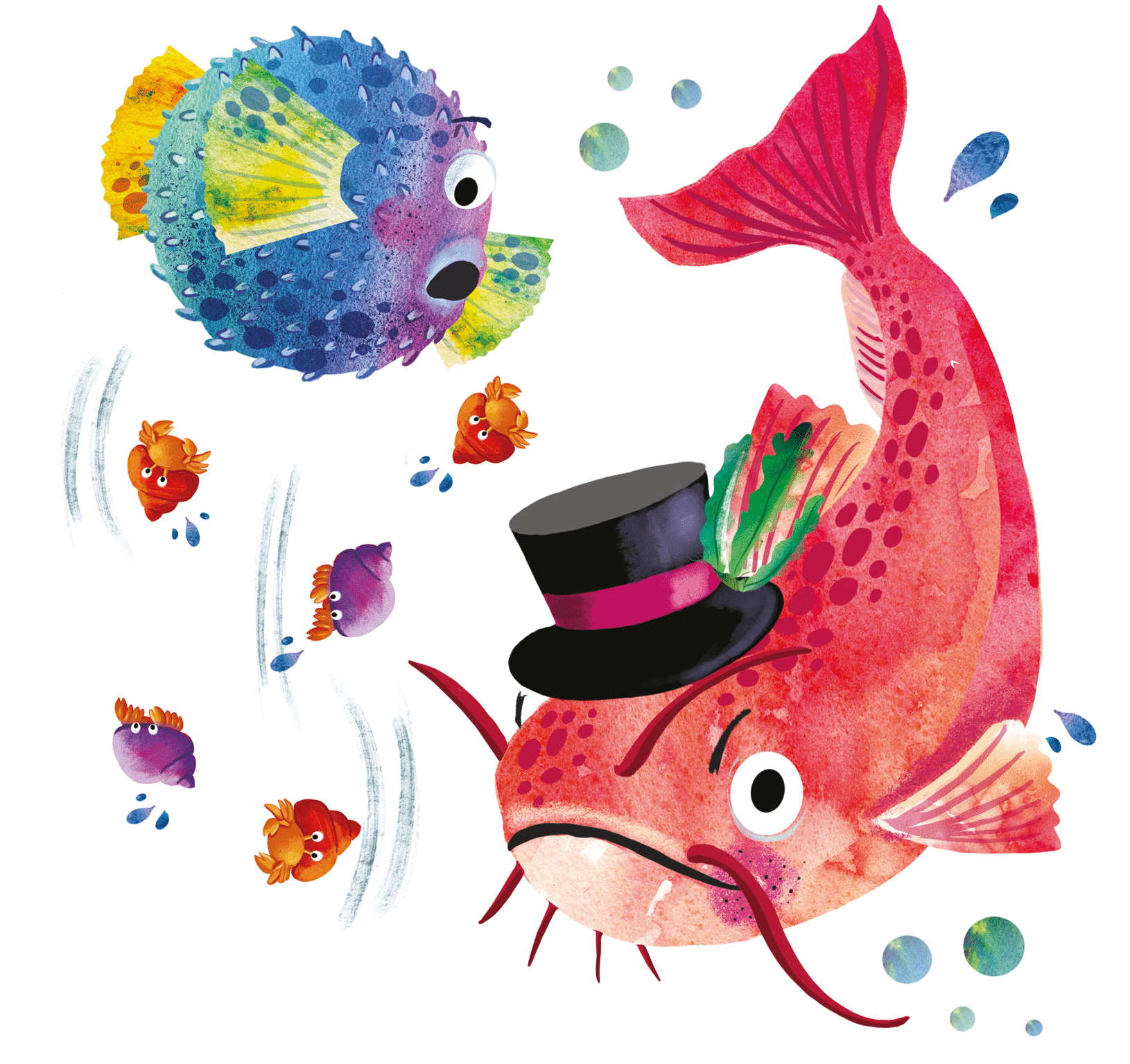 an illustration from Sarah's book shows a stern looking coy carpe fish in a top hat, while the protagonist Piff looks anxious